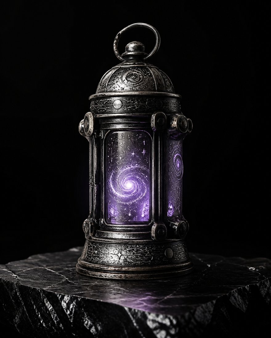 Eine alte silberne Laterne mit kosmischen Gravuren, erfüllt von violettem Licht.